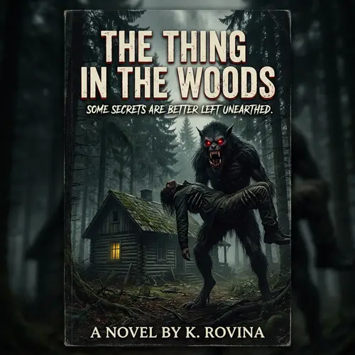 Horror Book Cover: Monster with Sharp Teeth in Forest Cabin