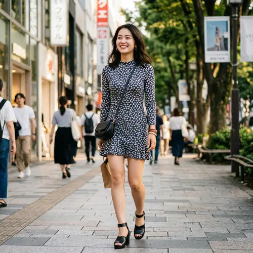 Smiling Asian Lady in Stylish Micro Dress & Heels