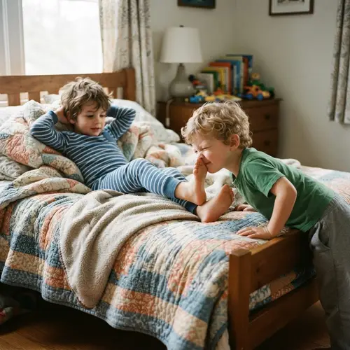 Boy's Playful Foot Smelling Scene