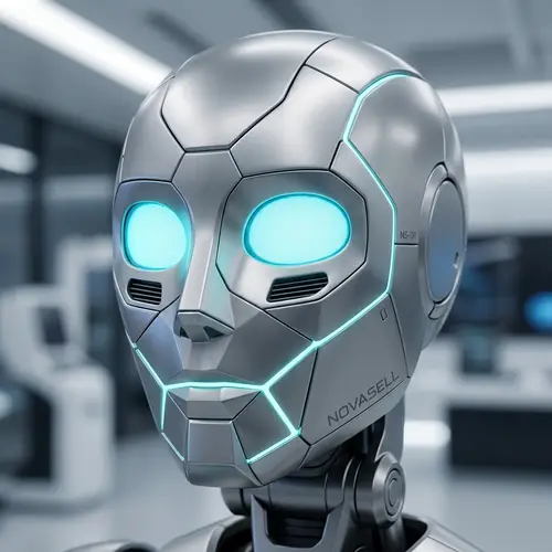 Futuristic Novasell Robot with Titanium Skin and LED Eyes