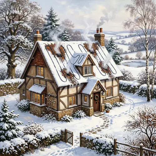 Idyllic Countryside Winter Scene with Snow-Covered House