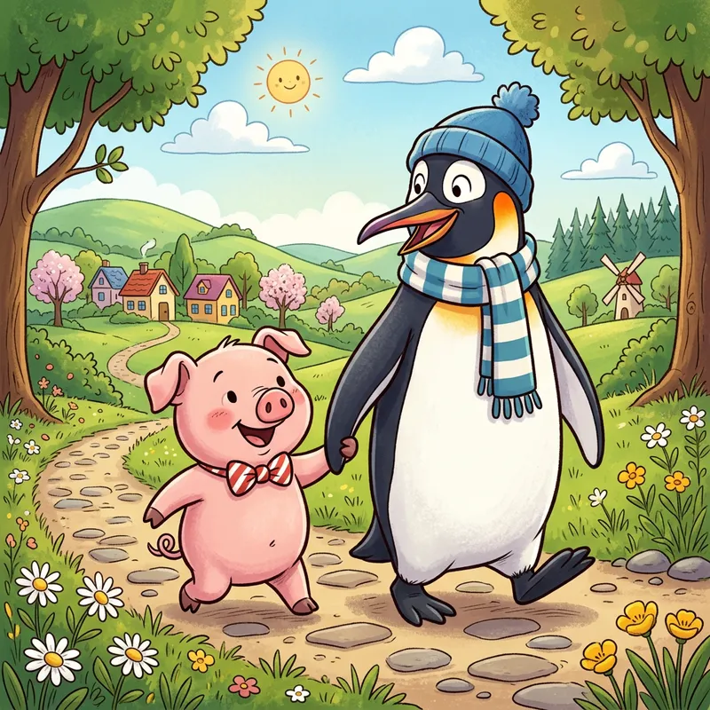 Cute Penguin and Piglet Cartoon Holding Hands