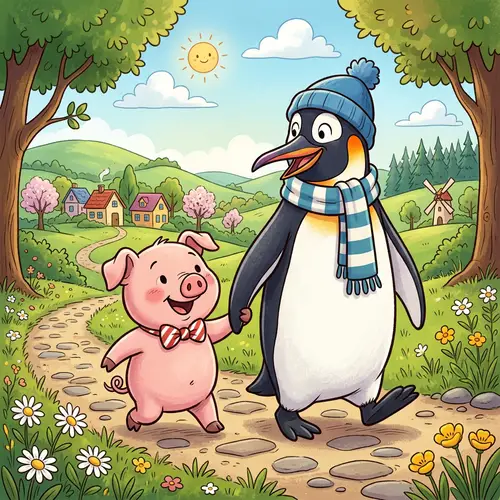 Penguin and Piglet Cartoon | Cute Animals Holding Hands