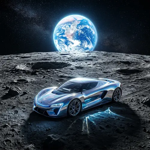 Futuristic Car on Moon: Surreal Scene with Earth's Reflection