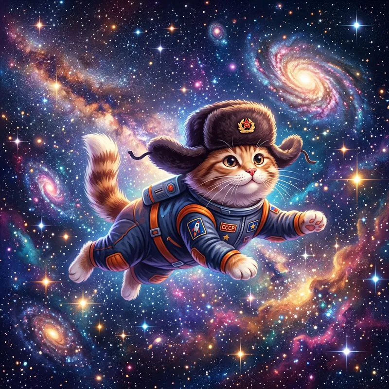 Space Cat in Russian Fur Hat in Cosmos
