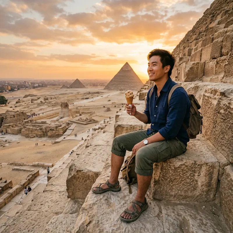 Asian Man Enjoying Chocolate Ice Cream on Ancient Egyptian Pyramids at Sunset Asian Man Enjoying Chocolate Ice Cream on Ancient Egyptian Pyramids at Sunset