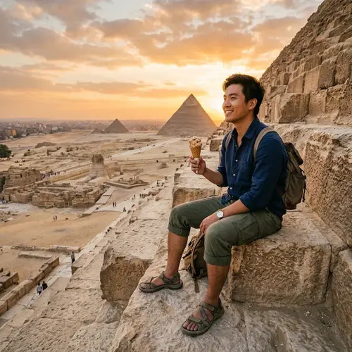 Asian Man Enjoying Peanut Butter Ice Cream on Ancient Pyramids at Sunset