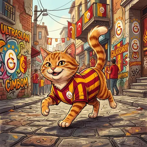 Galatasaray Inspired Playful Cat Illustration