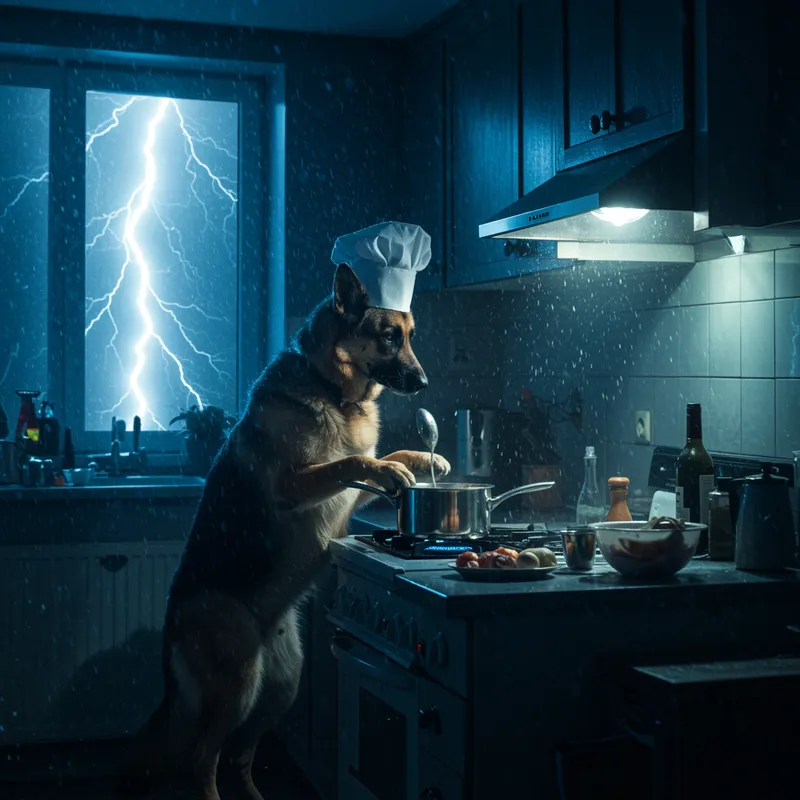 German Shepherd Cooking at Night During a Storm