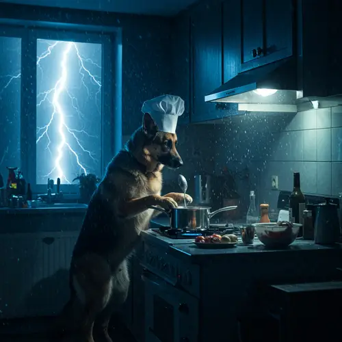 German Shepherd Cooking at Night During a Storm