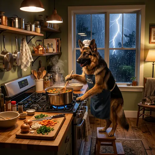 German Shepherd Cooking at Night During a Storm