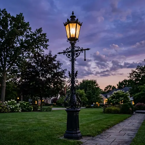 Outdoor Wrought Iron Lamp Post with Illuminated Globe | Twilight Scene