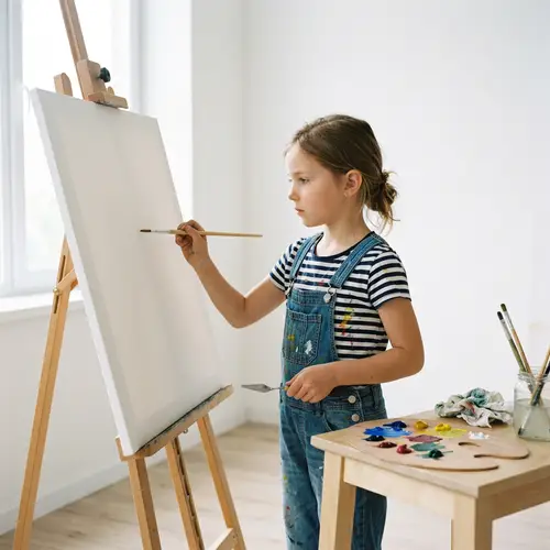 Caucasian Girl at Work: Painting Canvas Creativity