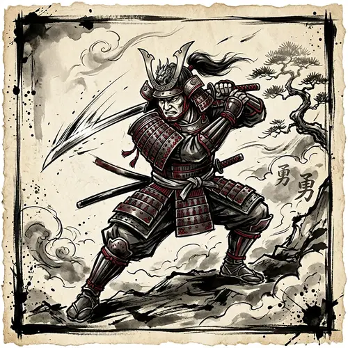 Intricate Samurai Tattoo Sketch in Chinese Ink Art