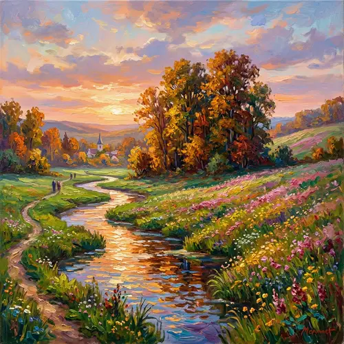 Enchanting Landscapes: Tranquil River, Rolling Hills, Vibrant Wildflowers