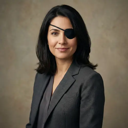 Professional Portrait of Female School Teacher in Gray Suit with Eyepatch