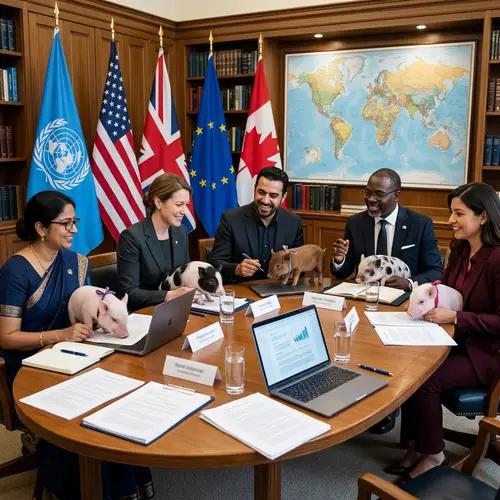 Global Government Meeting with Diverse People and Pigs