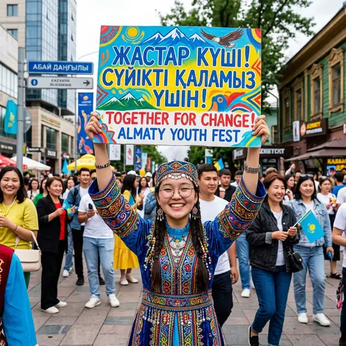 Enthusiastic Kazakh Girl Promoting with Colorful Sign in Urban Setting
