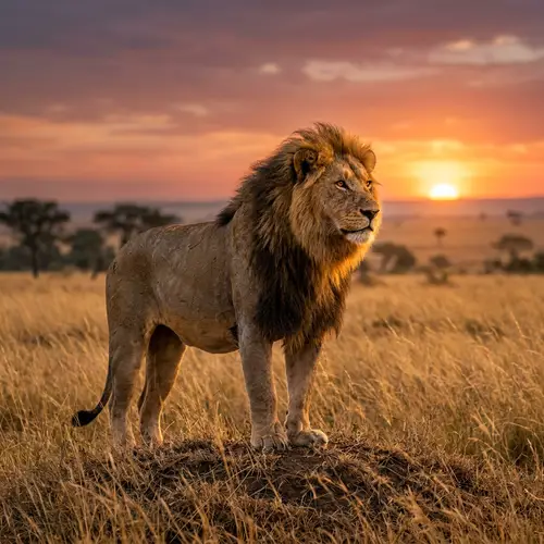 Majestic Male Lion in Savanna at Sunset