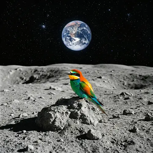 Colorful Bird on Lunar Landscape - Stunning Contrast View
