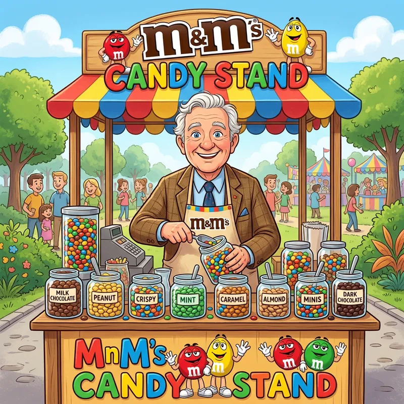 Cartoon Older Man with Colorful MnM Stand | Joyful Character