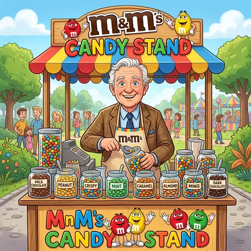 Colorful MnM Stand with Cartoon Older Man | Joyful Cartoon Character