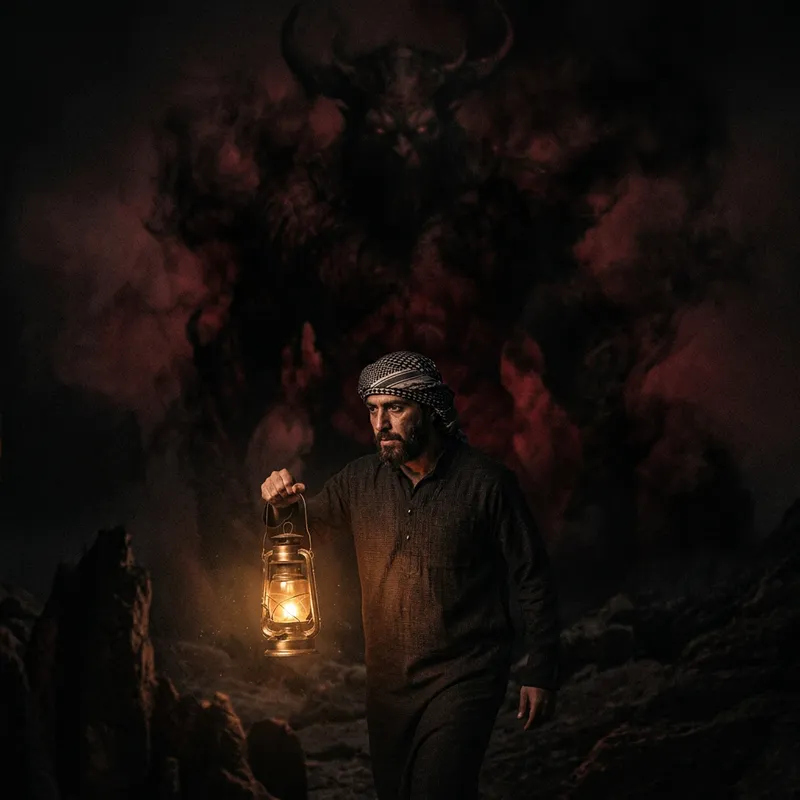 Surreal Night Scene: Man with Lantern vs. Demon