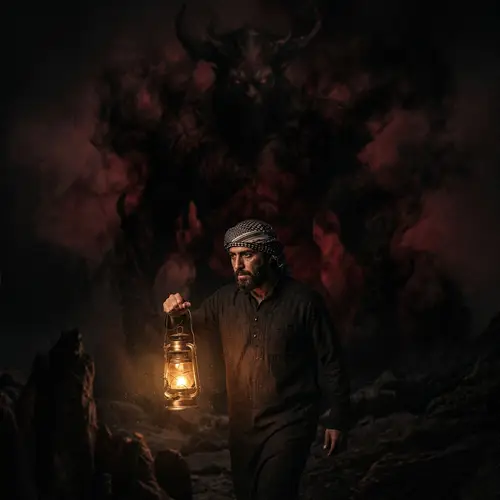 Surreal Night Scene: Man with Lantern vs. Demon