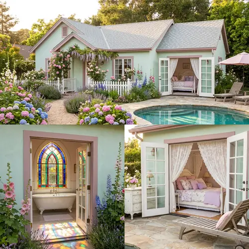 Charming Pastel-Colored Cottage with Vibrant Flower Garden and Sparkling Pool