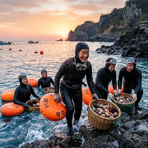 Haenyeos: Korean Female Divers Emerging with Baskets of Seafood