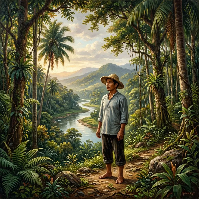 Serene Filipino Man in Nature: Romantic Landscape Painting