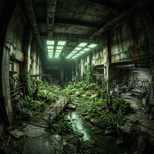 Decrepit Underground Bunker & Eerie Green Area | Horror-Inspired Dystopian Scene
