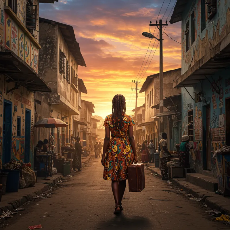 African Woman with Suitcase in Vibrant Street Scene