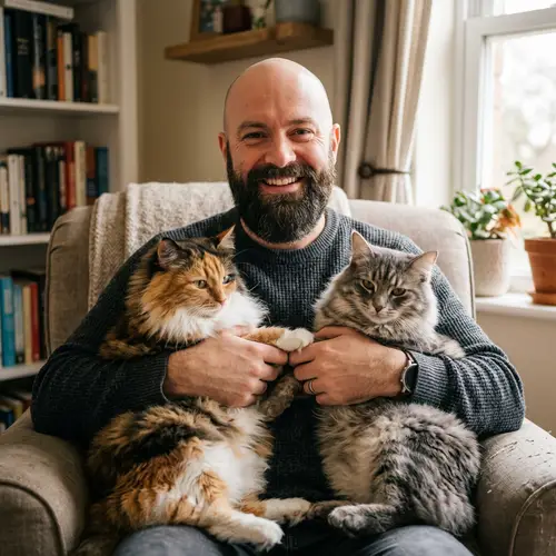 Caucasian Man Smiling with Two Fluffy Cats