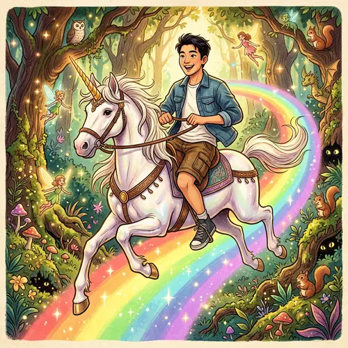 Vintage Style Illustration: East Asian Male Riding Unicorn in Enchanted Forest