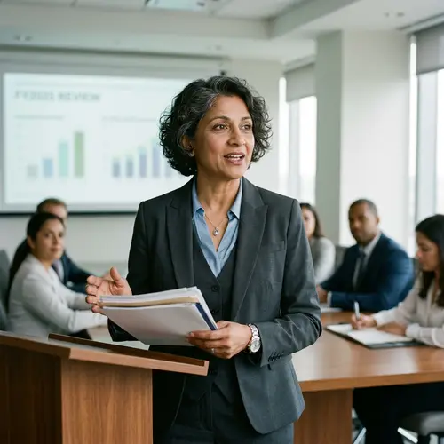 Middle-Aged Professional Holding Documents Speaking at Meeting