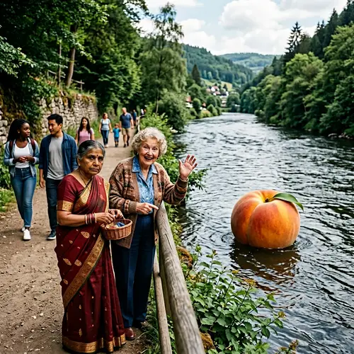 Elderly Women Watch Peach Floating Down River