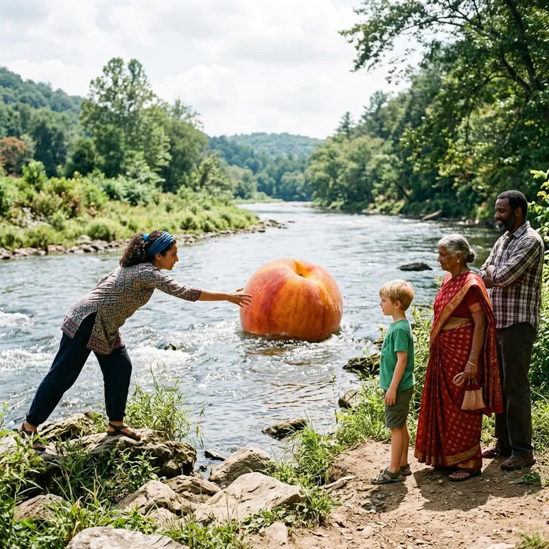 Captivating scene of a giant peach drifting down the river
