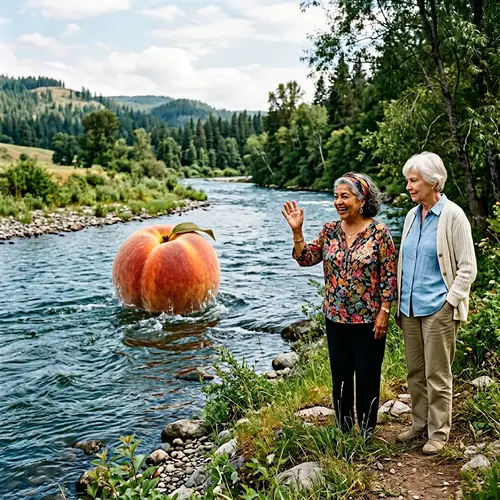 Elderly Women Enjoying River View with Large Peach