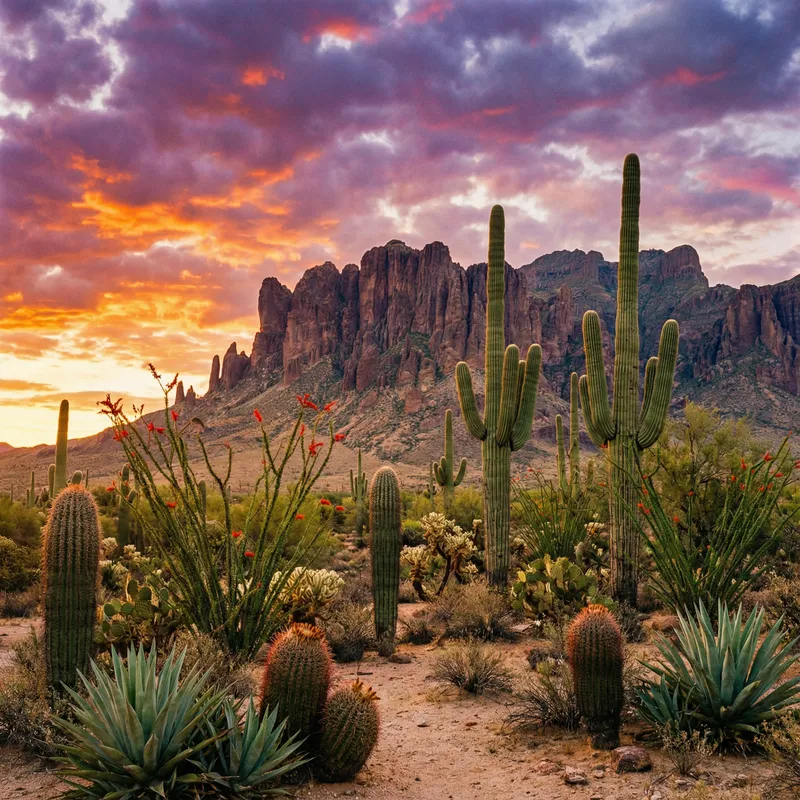 Stunning Desert Sunset with Mountains & Flora
