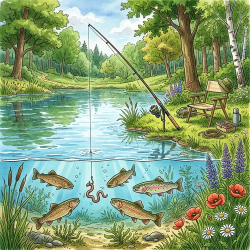 Tranquil Fishing Scene with Hooked Worm Bait and Abandoned Chair