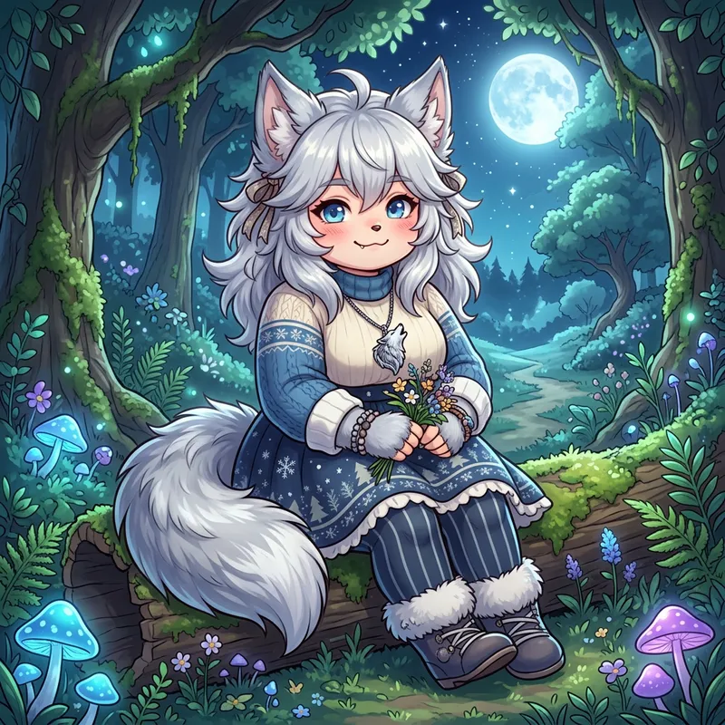 Cute Chubby Anime Wolf Girl in Moonlit Forest