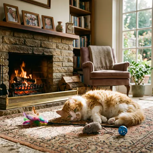 Fluffy Domestic Cat Enjoying Lazy Afternoon in Sun-Soaked Living Room