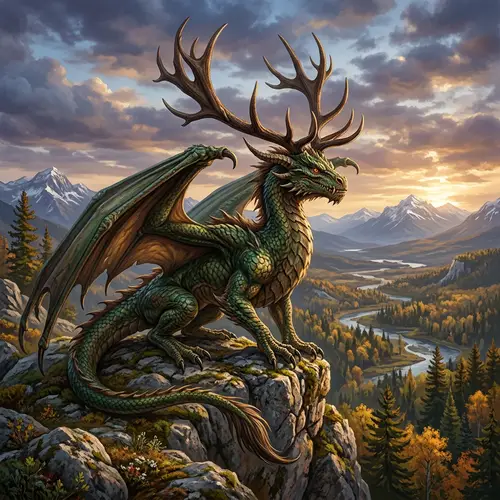 Dragon with Deer Antlers - Mythical Creature Illustration