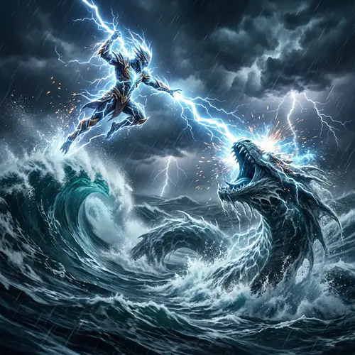 Jolteon Thunderbolt vs. Kyogre, Epic Battle in Stormy Ocean