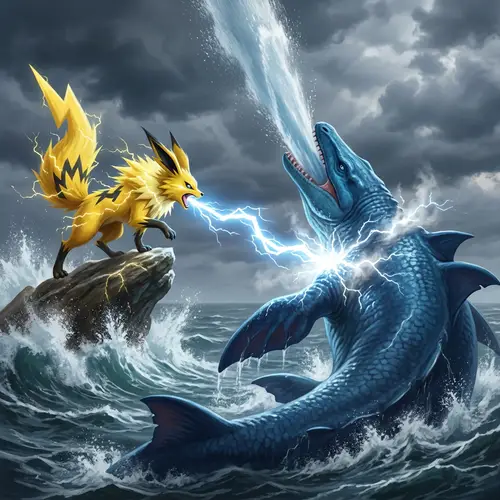 Jolteon Thundering at Kyogre - Electrifying Battle Scene
