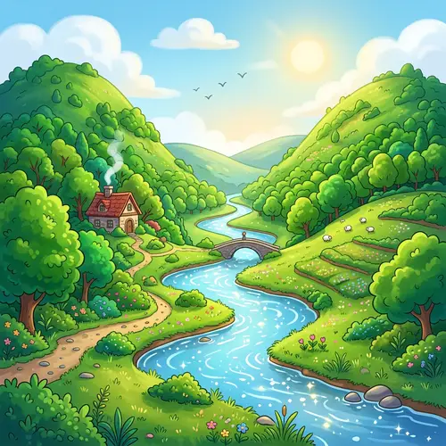 Serene River Landscape between Two Hills | Cartoon Image