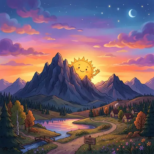 Mountain Sunset Cartoon Image | Tranquil Blend of Night & Day