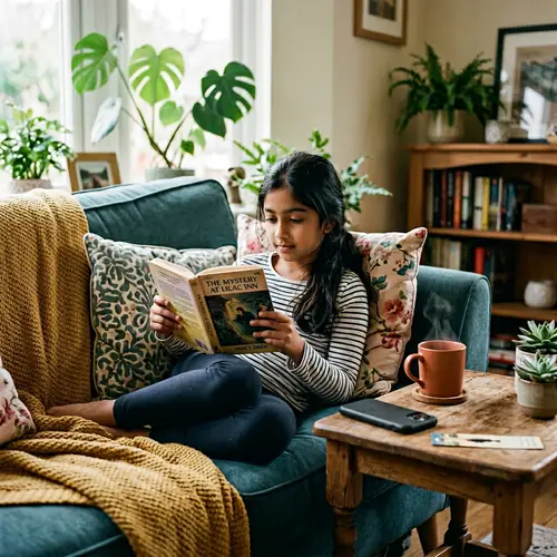 Serene Indian Girl Reading Book on Cozy Couch
