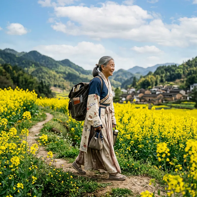 Elderly Grandma in Hanfu and Braided Hair Walking Home Through Canola Flower Field